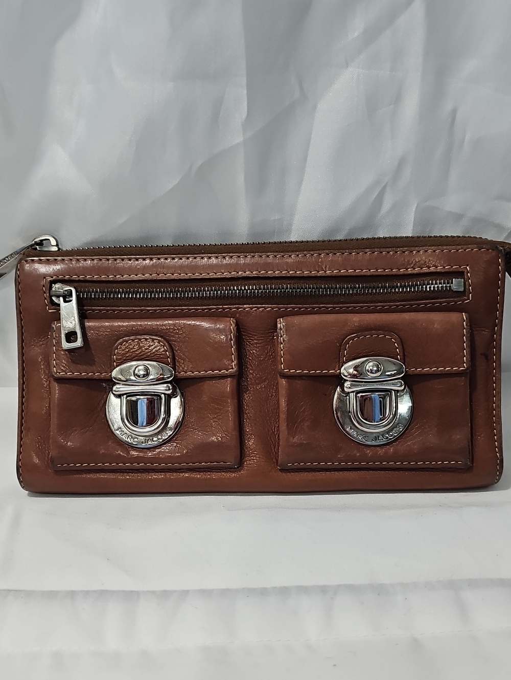 Marc Jacobs Brown Leather Wristlet Clutch with Front Pocket Details